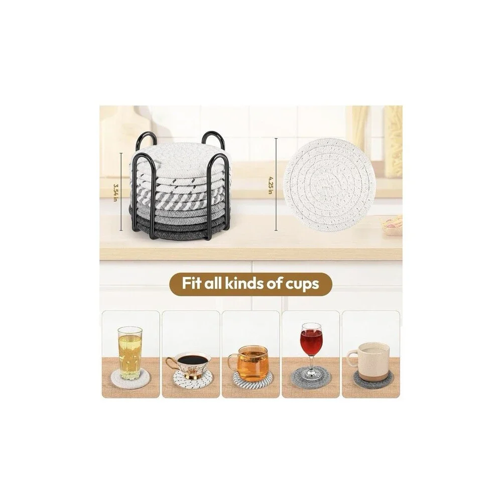 Boho Woven Cotton Coasters with Holder 10 Pack Absorbent Farmhouse Cup Mats